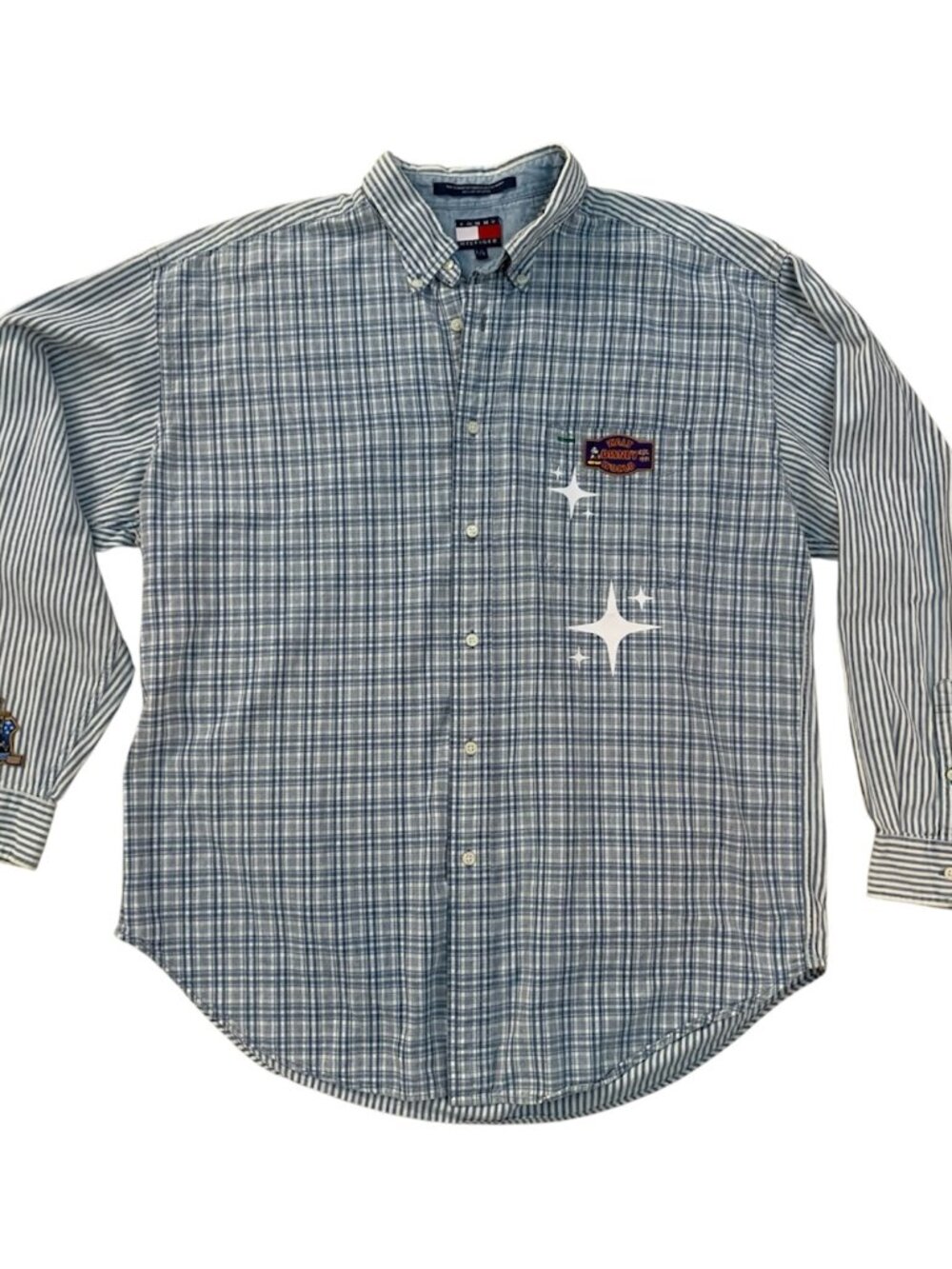 Tommy Hilfiger Disney Spell Out Shirt Men size L Blue Striped/Plaid  VTG
